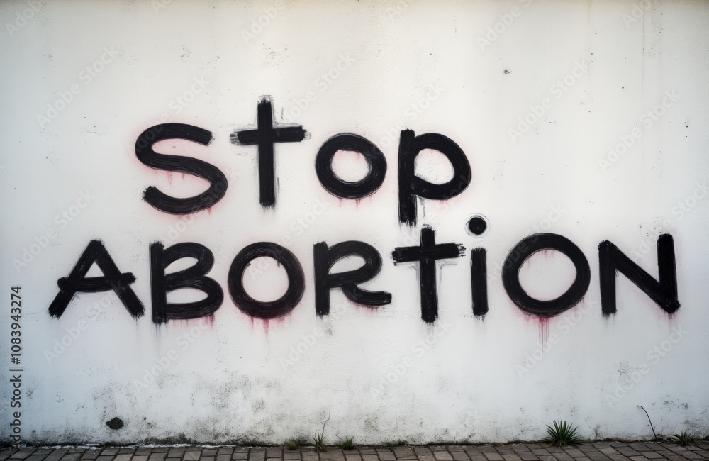 Fototapeta premium Graffiti message on wall says Stop Abortion. Social issue about abortion rights. Protest against abortion. Public message for no abortion. Activists paint message on wall. Statement about life,