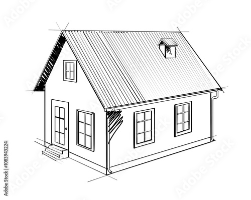 Sketch of a small house in architectural drawing style with gable roof, windows, and door. Isolated on white background. Concept of house design layout photo