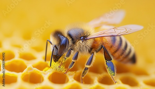 Macro of a honeybee s fuzzy body collecting pollen, closeup of tiny hairs and legs, pollination process in focus photo