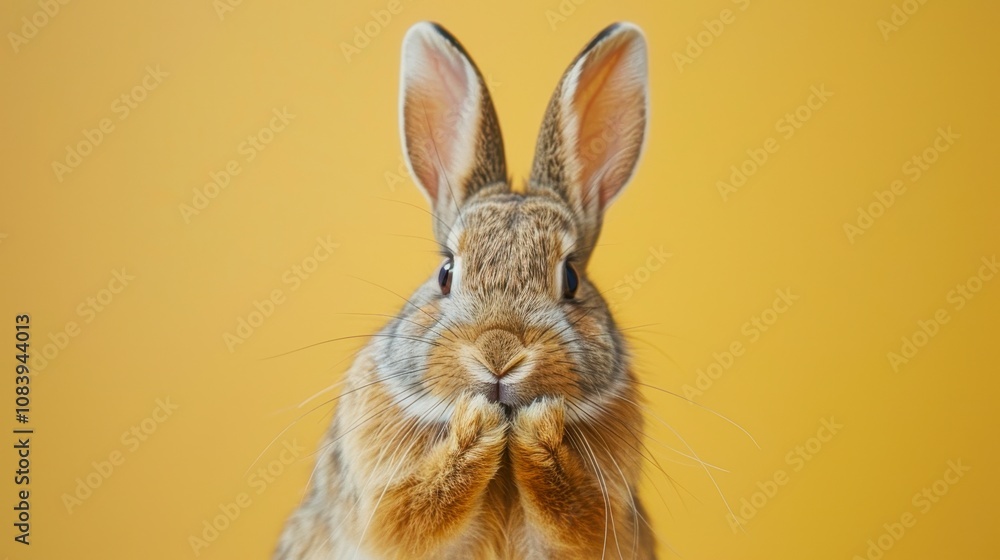Obraz premium A cute rabbit with large ears sits against a bright yellow background, showcasing its expressive features, This image is perfect for blogs, children's products
