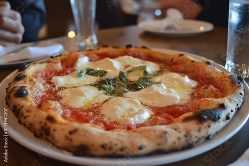 Neapolitan pizza with a crispy wood fired crust, topped with fresh mozzarella, San Marzano tomatoes, basil, and olive oil. Food Photography, Menu Style Photo Image photo