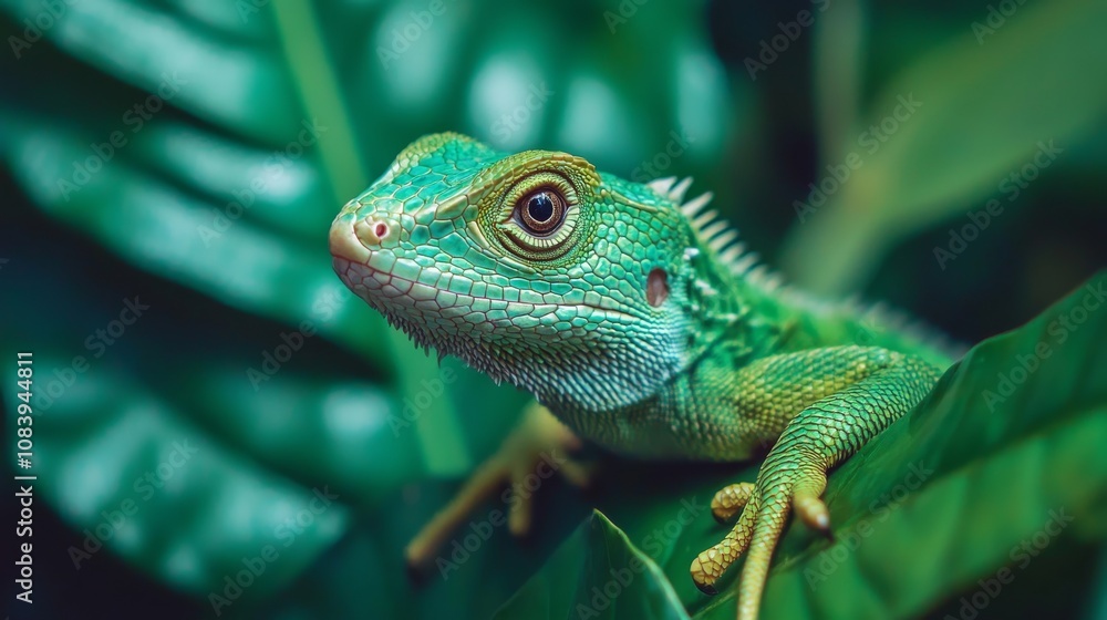 Naklejka premium A vibrant green lizard perched among lush leaves, showcasing intricate textures and colors in a natural environment.