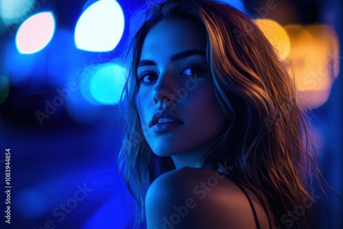 Fashion model posing in neon city lights, night portrait of sensual woman
