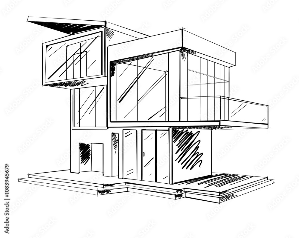 Fototapeta premium Sketch of a modern two-story house with large windows, balconies, and minimalist design. Drawing style on a white background. Concept of architecture