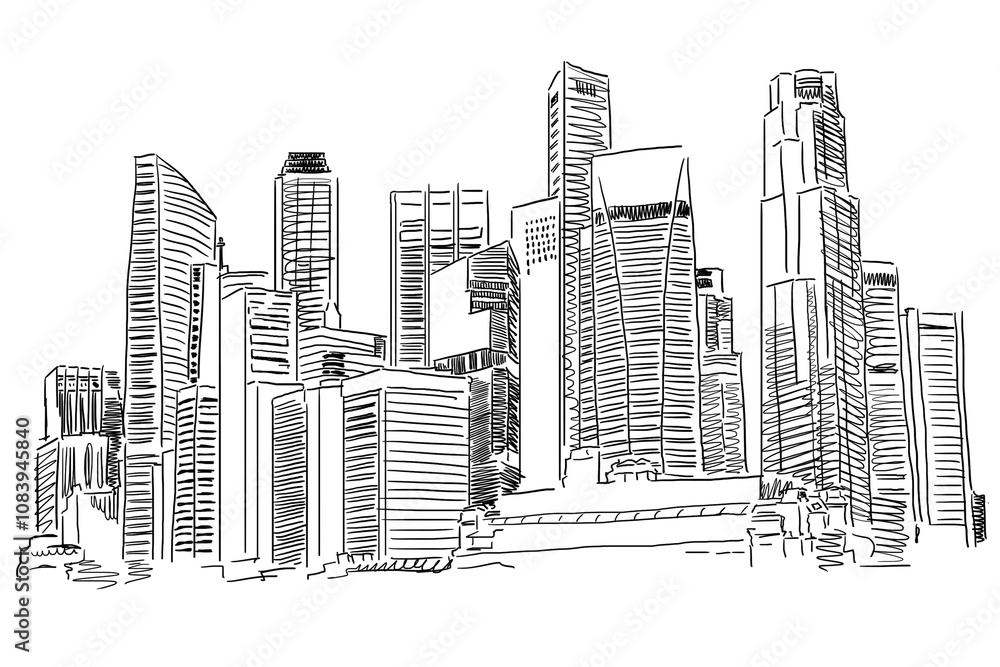 Obraz premium Hand-drawn city skyline featuring tall modern buildings in a sketch style. Simplelines on a white background. Concept of urban architecture