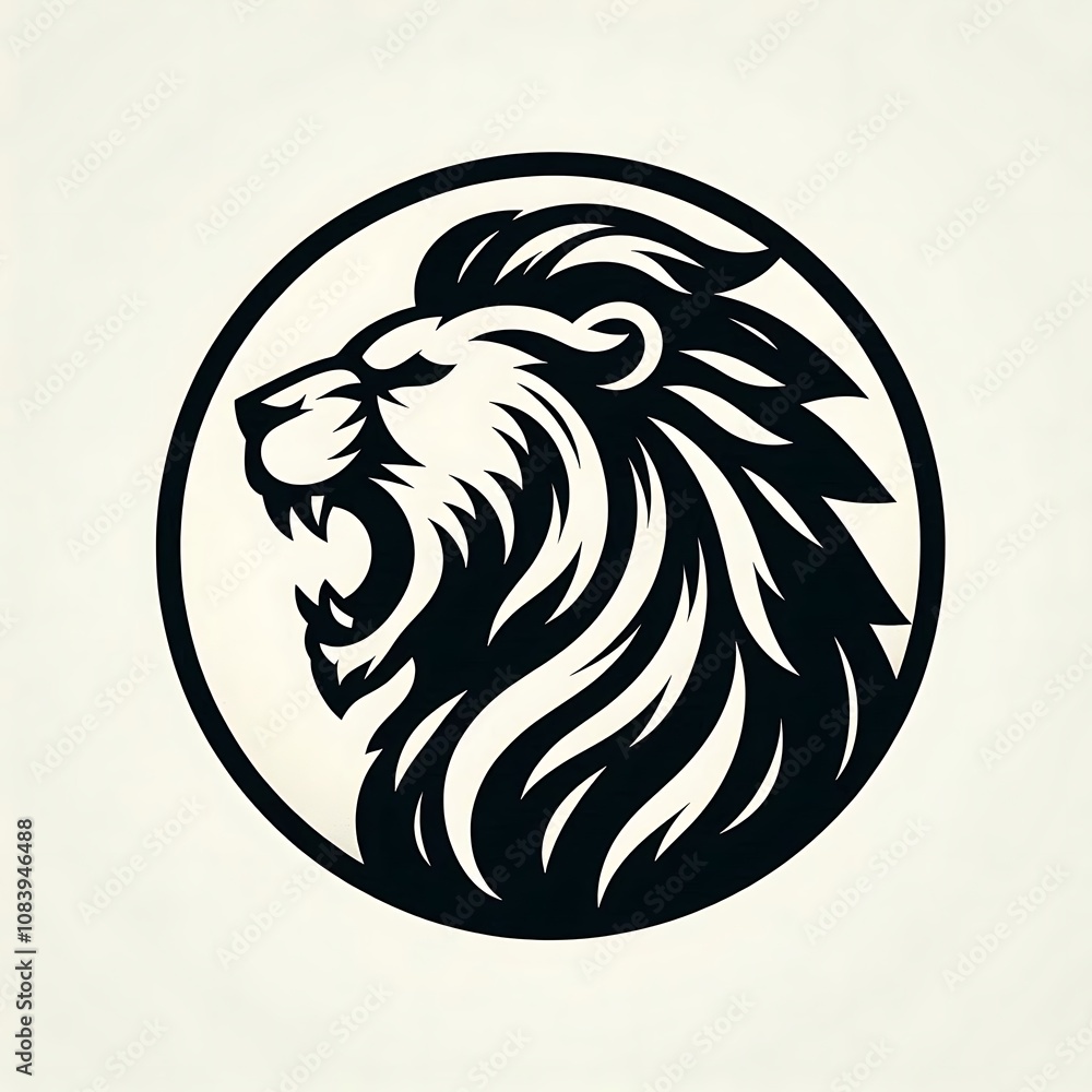 Fototapeta premium Roaring lion head profile in a circle, black and white vector illustration.