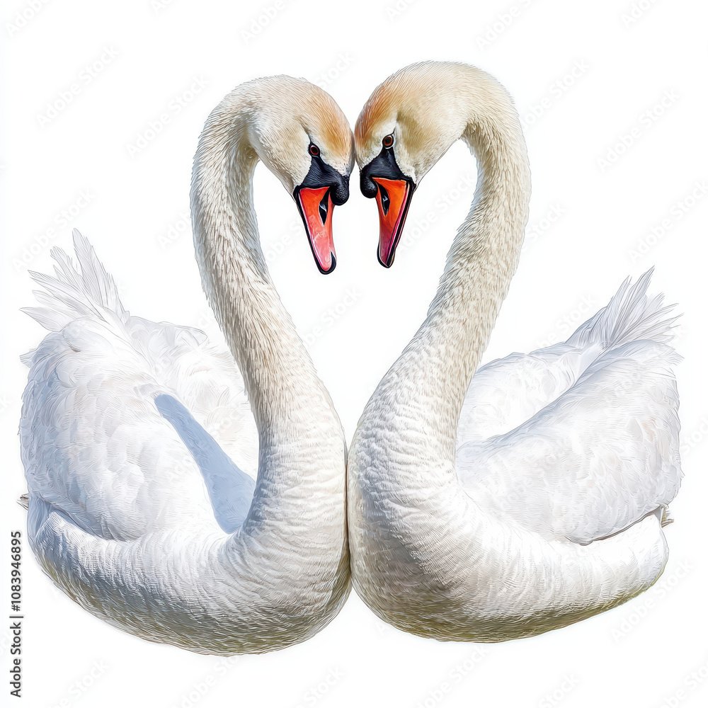 Fototapeta premium Tenderly interacting swans forming heart shape, symbolizing love and connection. Their elegant white feathers and graceful posture create serene atmosphere