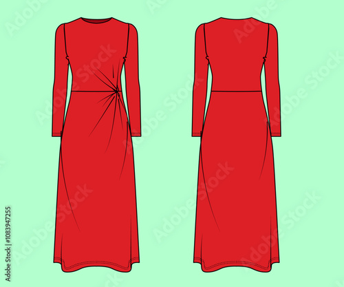 Ladies Red colour midi long dress flat sketch outline.