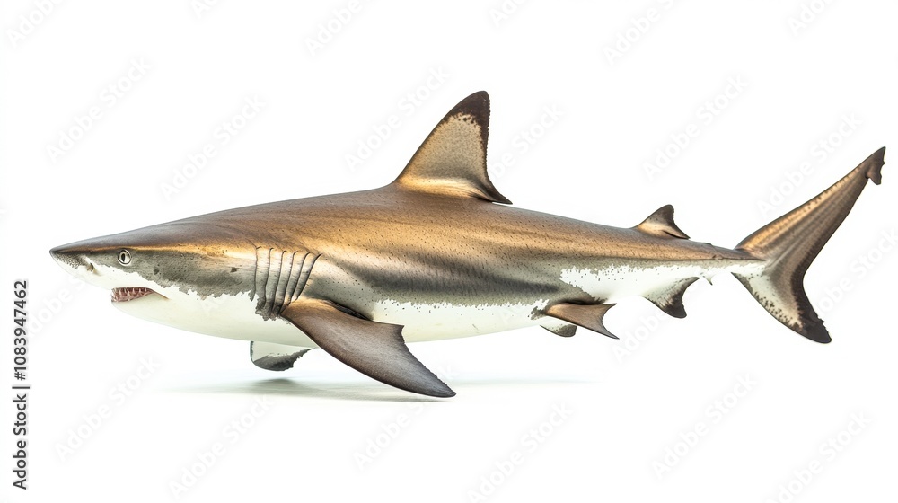 Obraz premium Realistic shark model depicted in a dynamic pose, showcasing details for educational use, marine life exhibits, and ocean-themed projects