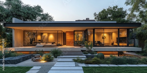 Modern house with large windows, a wooden door, and a paved walkway leading to the front door.