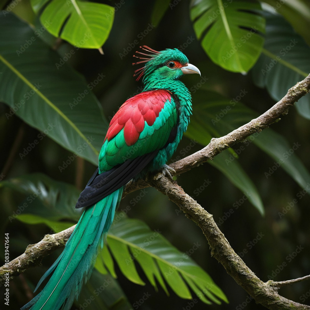 Obraz premium The resplendent quetzal, with vibrant emerald green and red feathers and iridescent tail