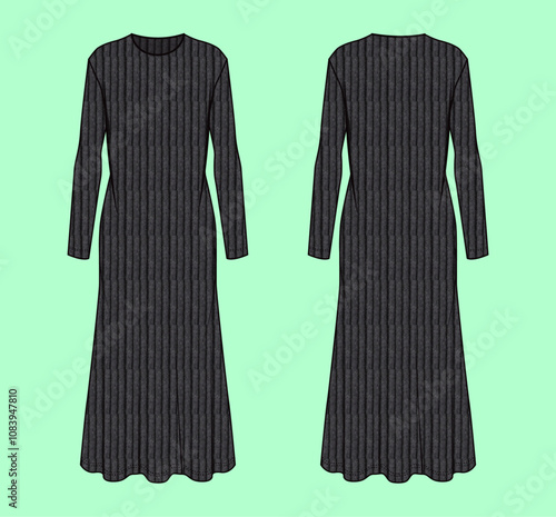 Ladies black rib midi flat sketch.