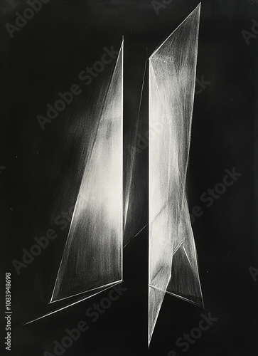  Abstract geometric figure, white chalk on black paper, resembling a cross-section of two translucent glass panels, behind which light shines. Shapes include triangles and circles, with straight lines