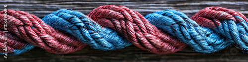 A tightly braided red and blue rope, flowing gently across a wooden surface, symbolizing the stream of consciousness.