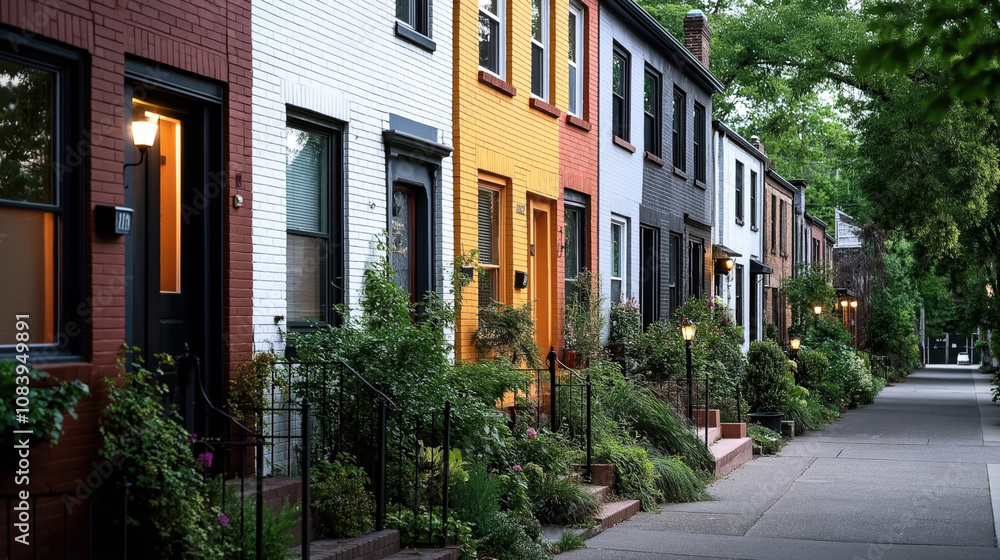 Fototapeta premium A row of colorful brick townhouses with lush greenery along the sidewalk in a quiet residential neighborhood during evening time.