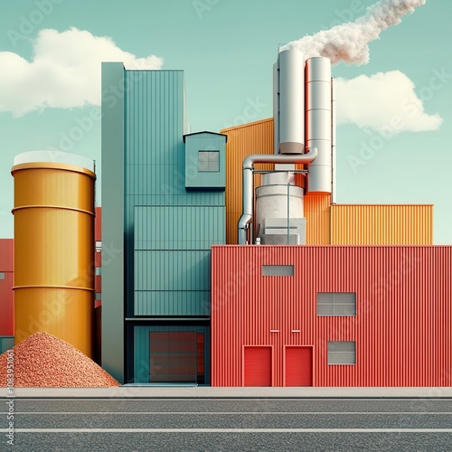 A vibrant and modern industrial building composed of colorful metal containers and pipes, with a clear sky and smoke billowing from the chimney. photo