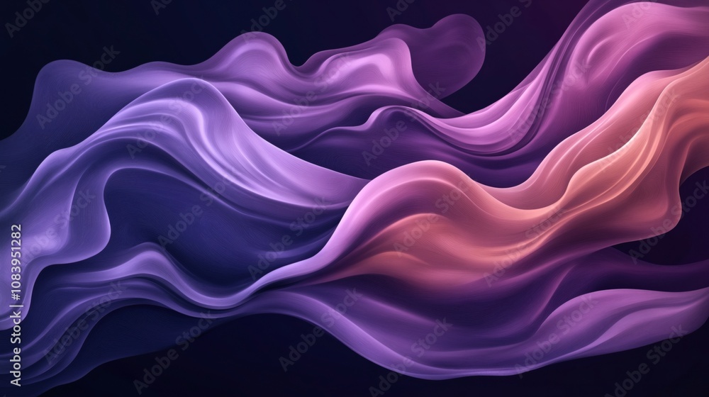 Obraz premium Abstract fluid art composition with flowing waves of purple and pink hues on a dark background, creating a sense of motion and elegance.
