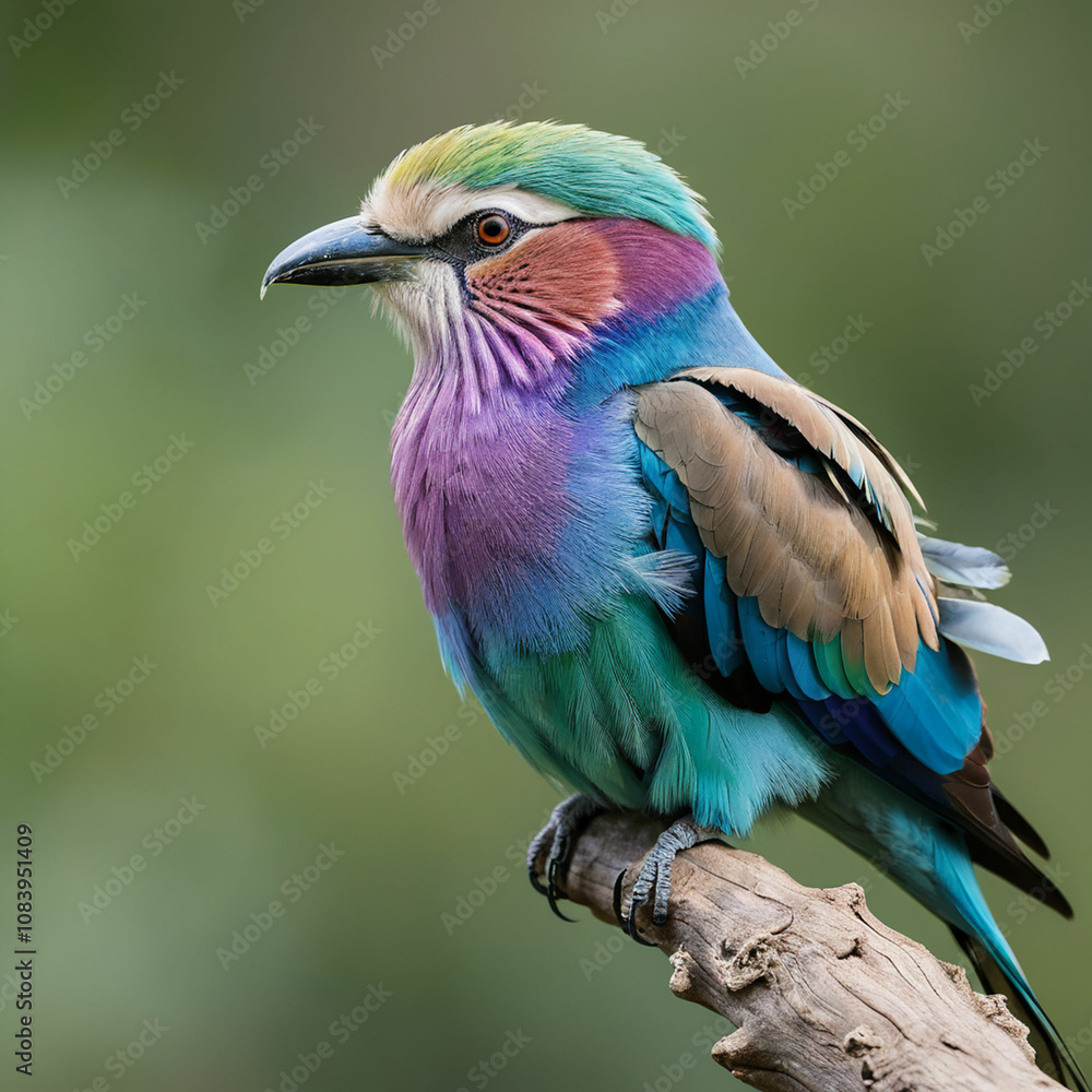 Fototapeta premium The lilac-breasted roller displays a stunning rainbow effect with its mix of purple,