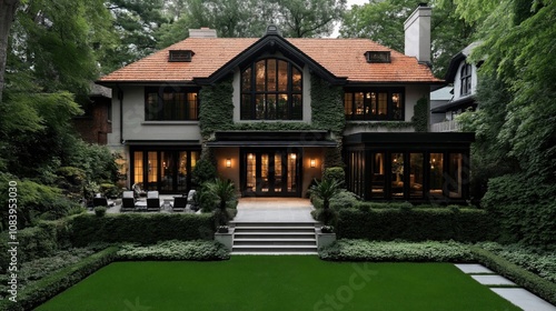 Elegant two-story house with ivy-covered facade, large windows, orange tiled roof, and well-manicured lawn in a lush garden setting during daytime photo