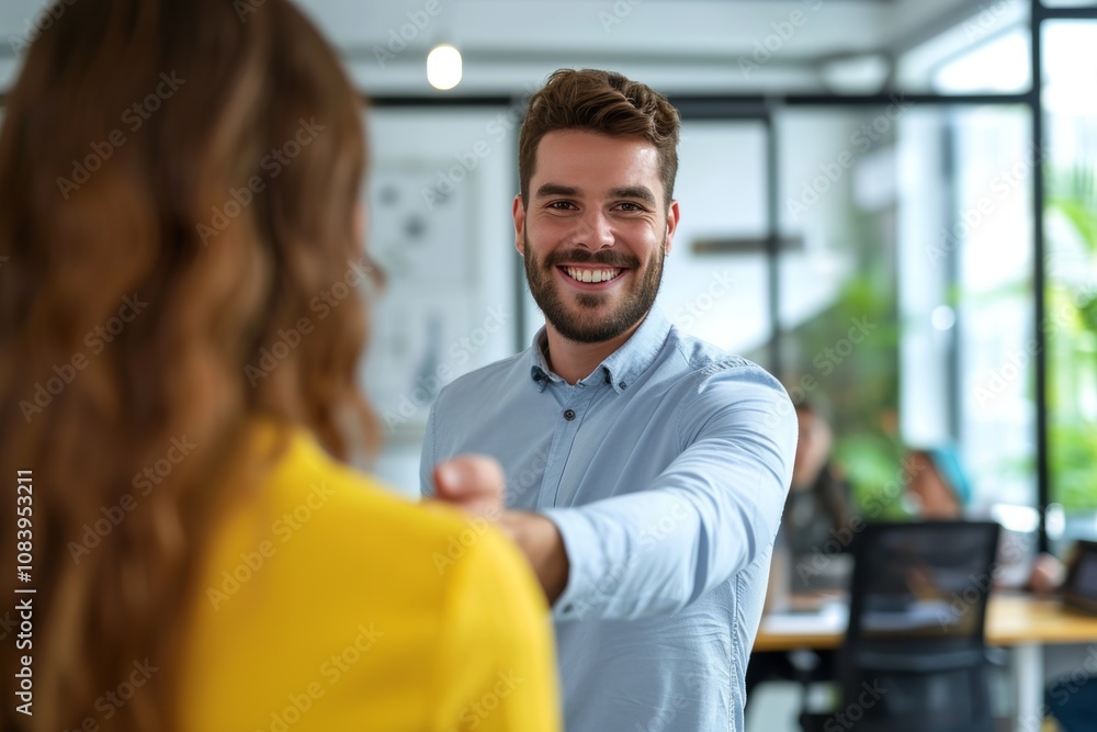 Obraz premium Young Caucasian businessman smiling and reaching out for a handshake in a modern office setting during the daytime