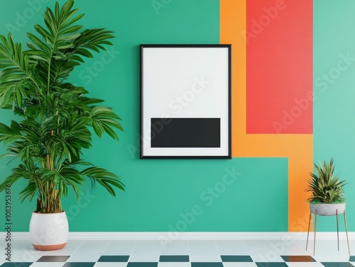 Innovative geometric mockup with bold and contemporary background showcasing a clean and minimalist product concept in a studio like interior setting  The arrangement of shapes colors photo