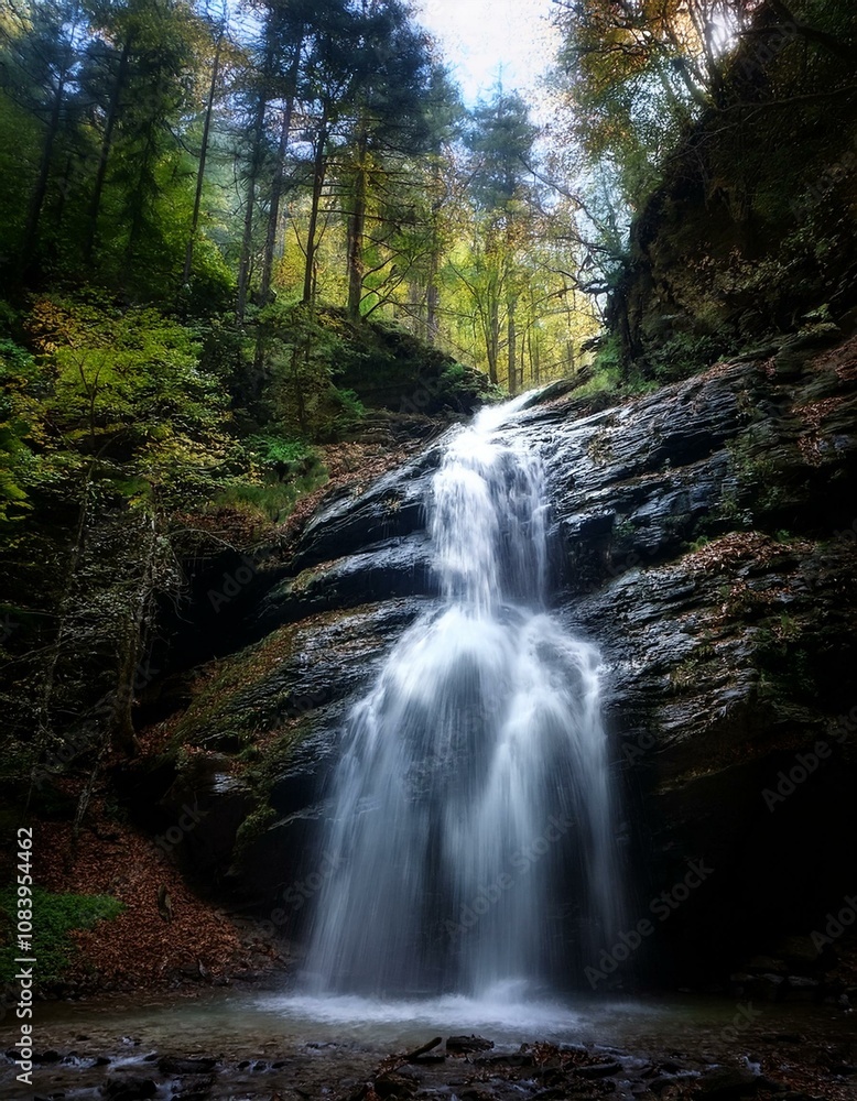 Obraz premium Cascada en medio de un bosque frondos, vista a ras de a cascada