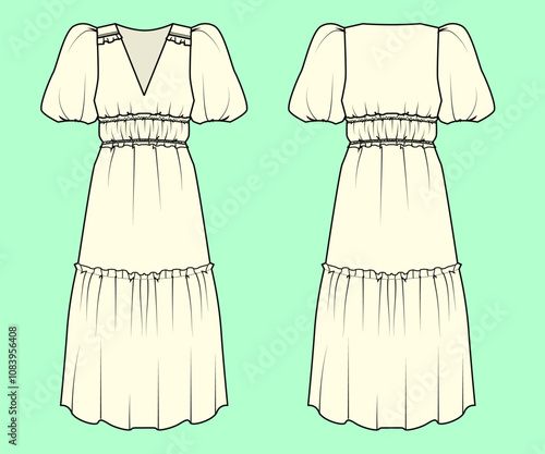 Ladies broderie puff sleeve tiered midi vector flat sketch outline vector fashion illustration template.