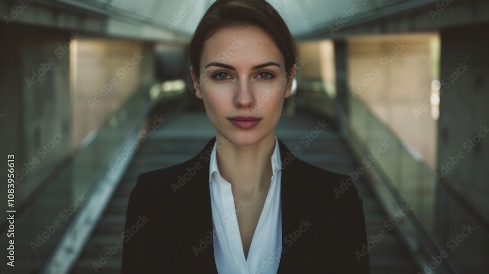 Fototapeta premium A confident businesswoman stands on an escalator gazing directly ahead.