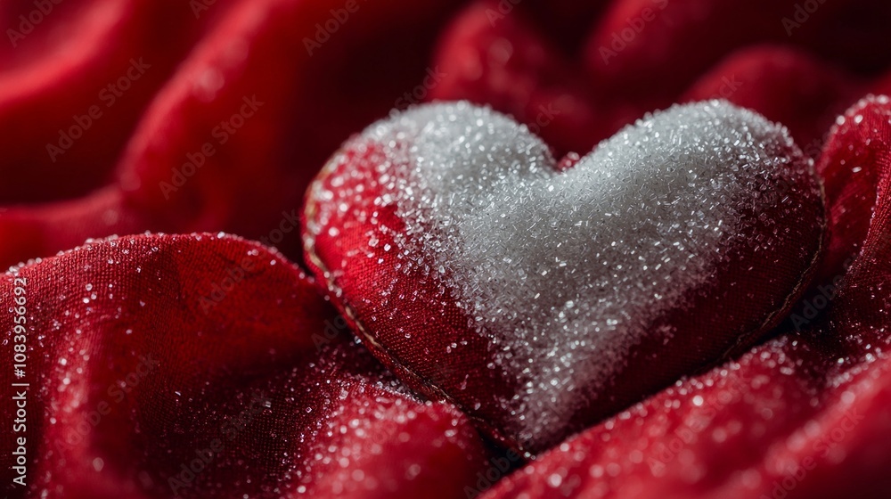 Fototapeta premium A decorative heart covered in sparkling sugar resting on a vibrant red fabric during a romantic celebration