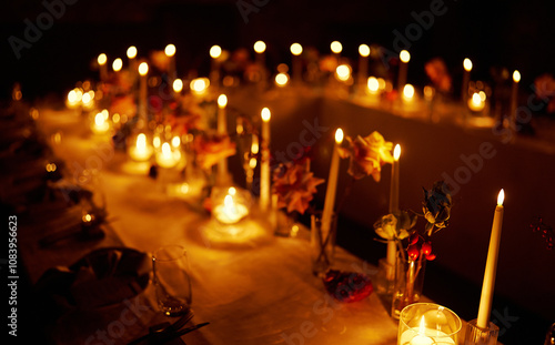 Elegant candlelit dining setup with flowers creating a romantic atmosphere during