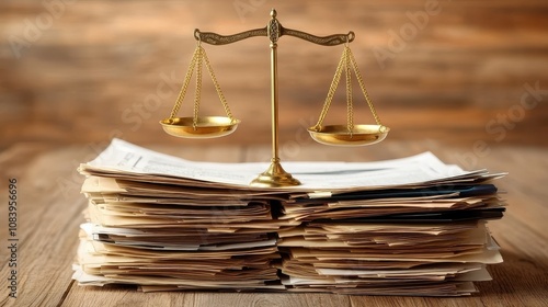 Scales of justice on a stack of papers. A photo to illustrate the concept of law and legal proceedings. photo