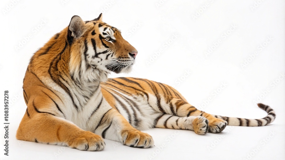 Obraz premium Tiger lying down isolated on white background