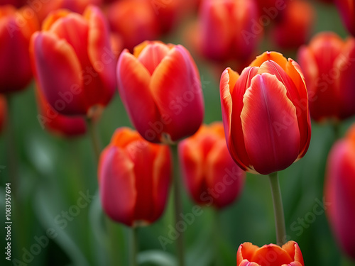 Close up of red tulips in bloom on a flowerbed. with copy space image. Place for adding text or design