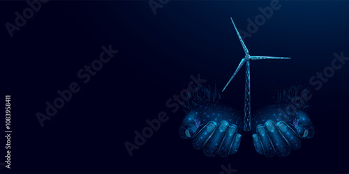 Two human hands are holds wind Generation Turbine. Renewable alternative energy concept with glowing low poly windmill on dark blue background. Wireframe low poly design. Abstract futuristic vector