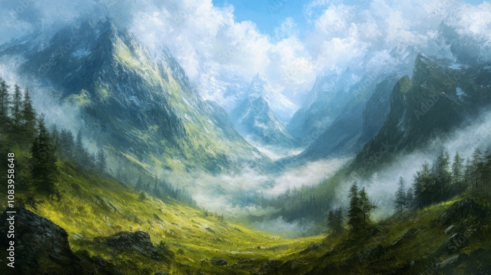 Fototapeta premium Majestic Mountain Landscape with Lush Green Valleys and Rolling Fog Under a Bright Blue Sky Surrounded by Towering Peaks and Fluffy Clouds