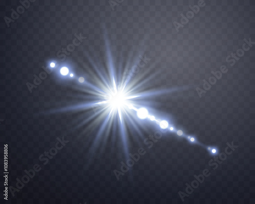 Blue sunlight lens flare, sun flash with rays and spotlight. Glowing burst explosion on a transparent background. Vector illustration.