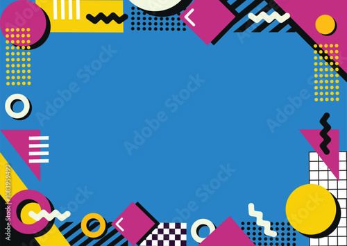 blue background geometric retro full color with 90s style