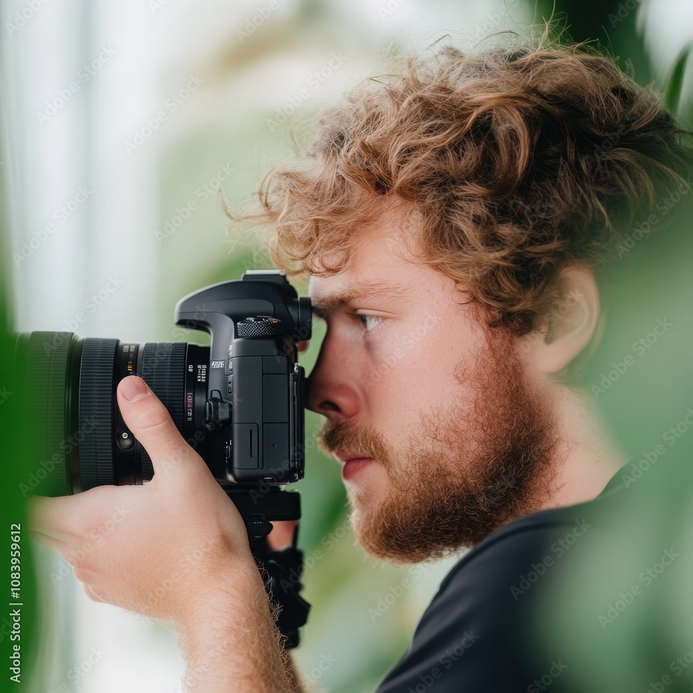 Fototapeta premium photographer capturing a moment with a camera surrounded by greenery