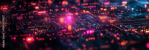 An exquisite digital circuit board with vibrant pink and blue hues illustrates modern technology, data flow, and the intricacies of digital communication tools. photo