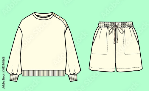 Ladies ecru colour fleece crew neck sweatshirt and shorts vector flat sketch outline fashion illustration template.