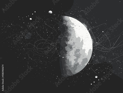 Black and white drawing of a moon with a lot of stars surrounding it. The moon is the main focus of the image, and the stars are scattered around it in various sizes and positions