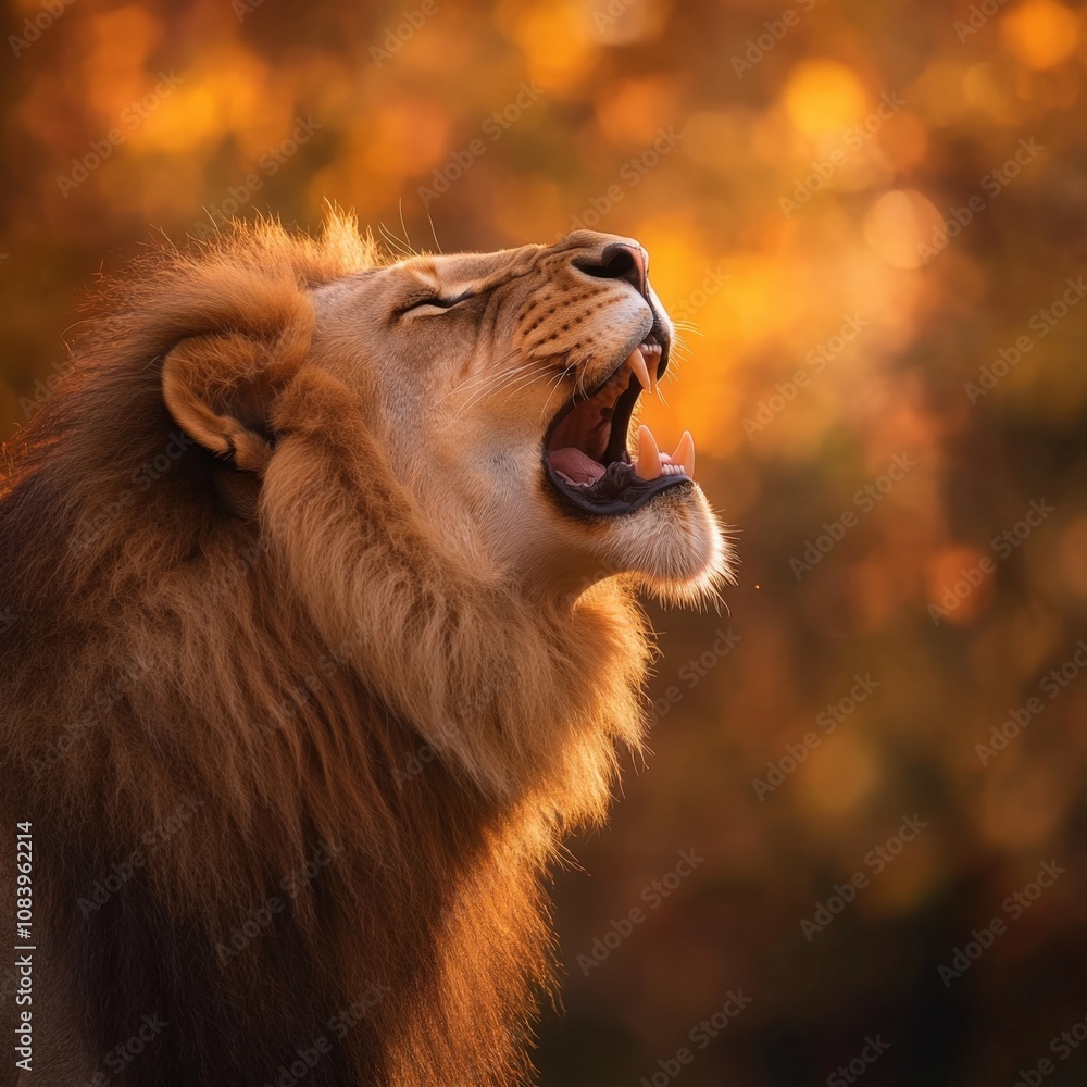 Fototapeta premium majestic lion roaring in a vibrant natural setting