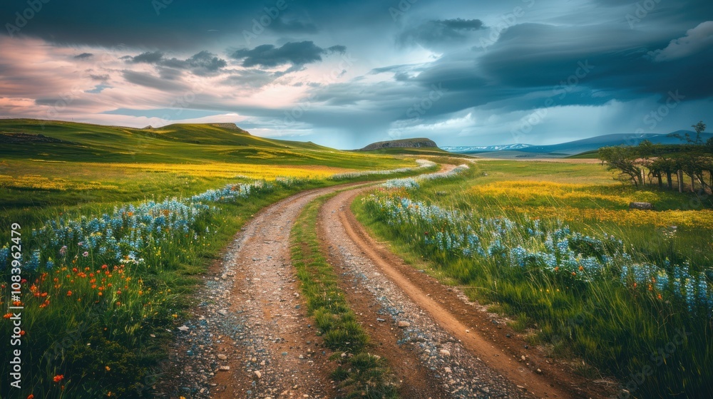 Naklejka premium Scenic Road Trip Through Lush Wildflower Field Nature s Captivating Beauty Captured on an Expansive Countryside Journey