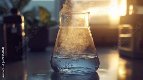 Glass Beaker with Bubbling Acid, A reactive, sour chemical that releases hydrogen ions – Acid, A reactive