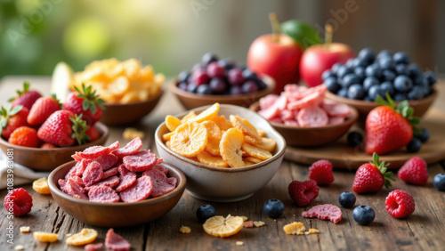 Wallpaper Mural Image shows a variety of fruits and berries laid out on a wooden surface with bowls containing freeze-dried fruit snacks. Torontodigital.ca