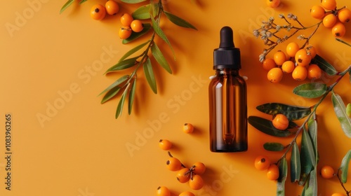 Sea buckthorn essential oil on orange flat lay background with copy space. Natural herbal medicine and cosmetic with sea buckthorn, aromatherapy