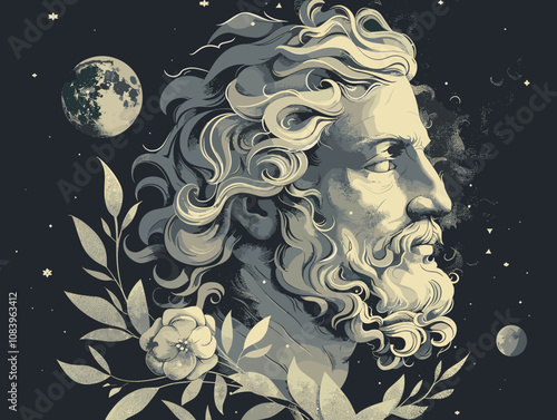 Man with a beard and a flower in his hair. The man is surrounded by stars and a moon