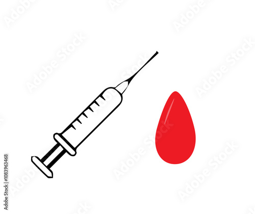 a syringe and a drop of blood on a white background