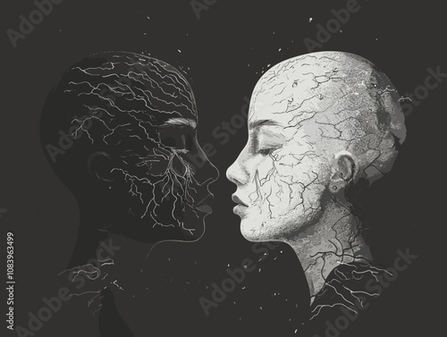 Two faces are shown, one is black and the other is white. The faces are connected by a line, which represents the bond between them. Concept of unity and connection