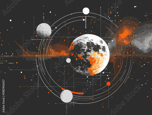 Painting of a moon and planets with a city in the background. The painting has a futuristic and mysterious vibe